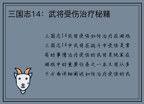 三国志14：武将受伤治疗秘籍